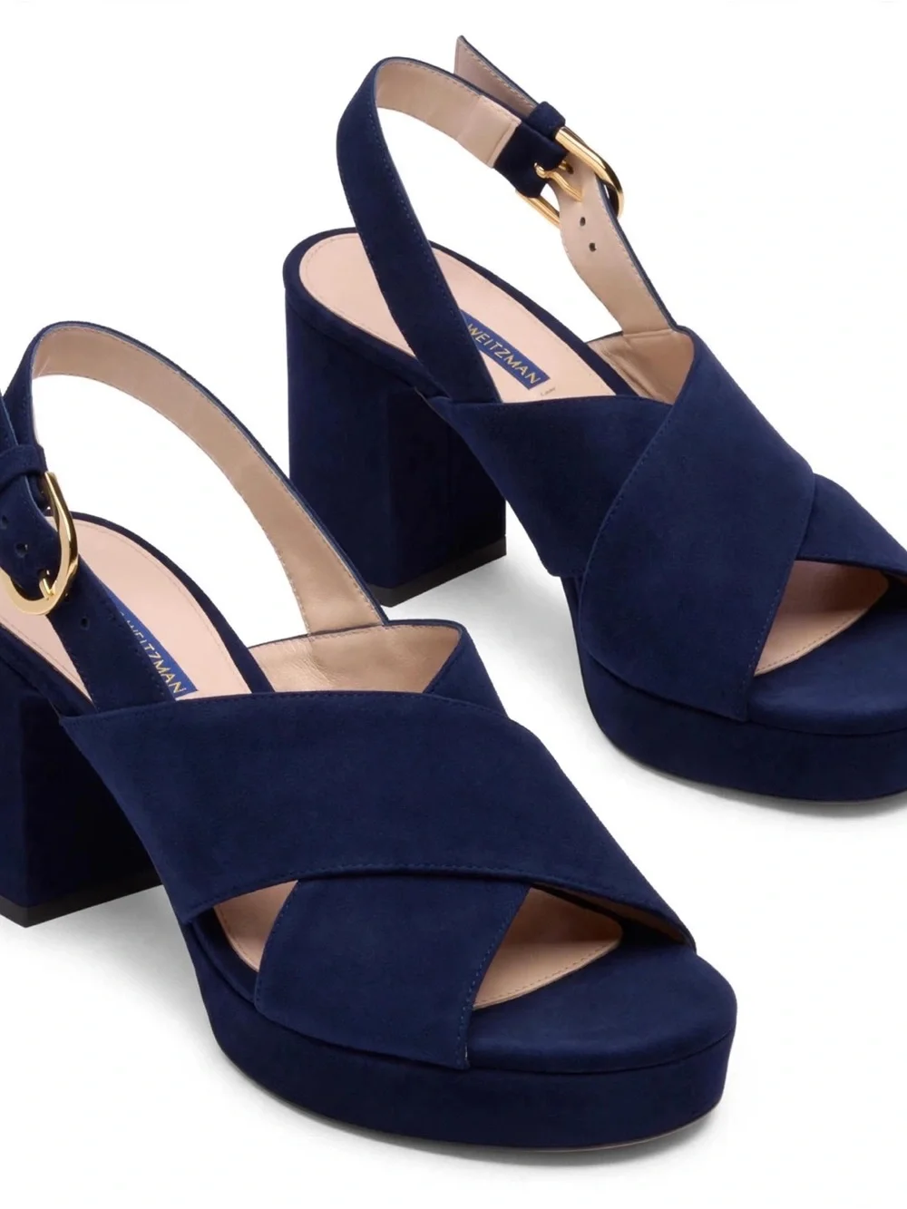 Stuart Weitzman Navy Suede Platform Block Heel Sandals.